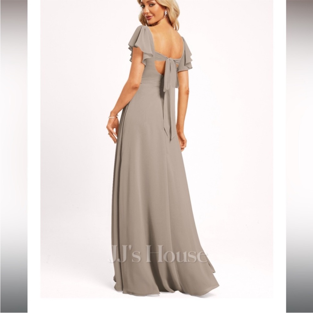 JJs House Ondina A-Line V-Neck Floor Length Ruffle Chiffon Dress Taupe Size 6 - Picture 2 of 14